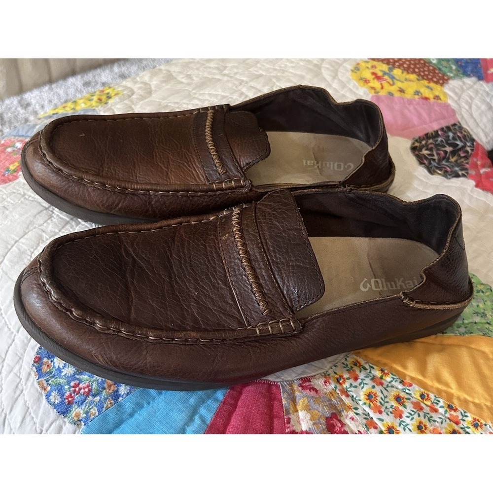 Olukai Malana Country Shoes Men's 11 Loafers Brown Leather Slip On Moc Toe